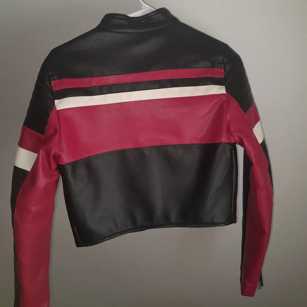 Black Leather Moto Jacket with Burgundy and White Stripes - Picture 3 of 5